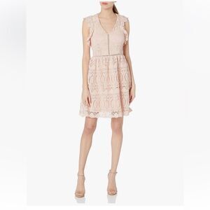 J.O.A. Pink Eyelet Crochet Lace Geometric Ruffle Open Ladder Mini Dress L NWT